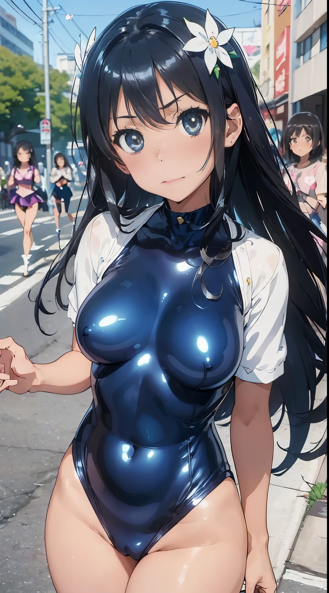 1womanl,Black hair,ar old Impatient expression)),Beautiful breasts,(((Sexy magical girl white and blue shiny high-leg bodysuit)))(())(((Blushing cheeks、Surprised look)),((())),((( portlate))),We have blue eyelashes)))()Street,Crowds(magical girl hair ornament)