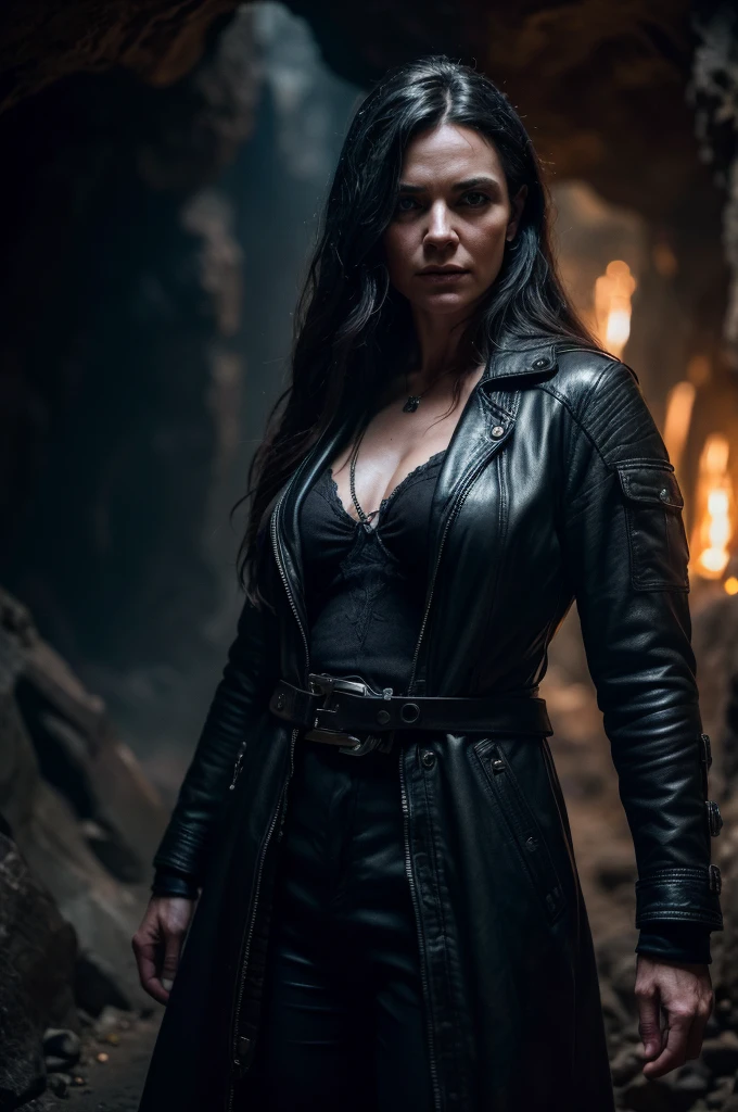 middle aged cyberpunk witch in a cave (RAW photo, real, best quality, masterpiece:1.2), detailed, (hyper realistic, photo-realistic:1.2), high quality, (dark lighting:1.2), perfect lighting