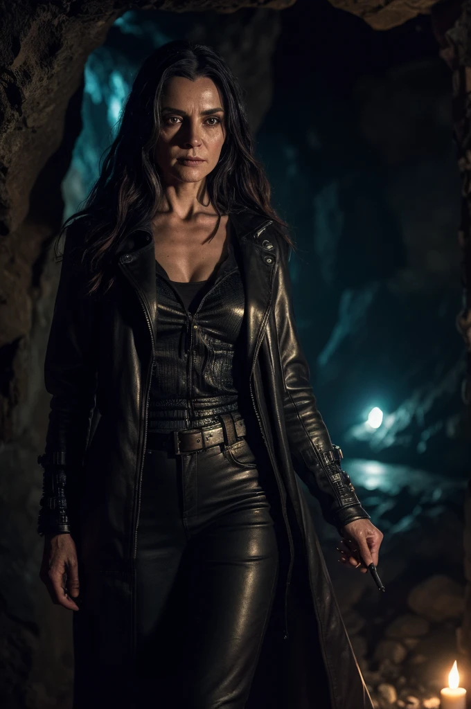 middle aged cyberpunk witch in a cave (RAW photo, real, best quality, masterpiece:1.2), detailed, (hyper realistic, photo-realistic:1.2), high quality, (dark lighting:1.2), perfect lighting