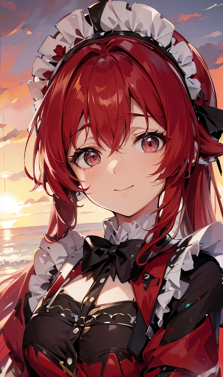 red tinted hair，red color eyes，sandbeach，beachside，the sunset，8K分辨率