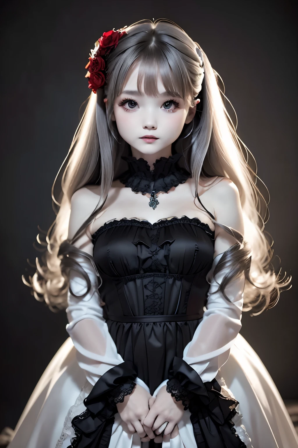 parfect anatomy、top-quality、masuter piece、ultra-detailliert、8k、years、Correct depiction of the human body、Full Body Angle、Delicately drawn face、Detailed eyes,Beautiful eyes、Infinitely clear eyes、Pretty face woman、Gothic Lolita Fashion、Black Gothic Lolita Fashion、Black and white costume、Beautiful silky silver hair:1.5、Red big hair ornament、Red ribbon hair ornament、Red big hair ornament:1.5、Standing、Front Angle、Full Body Angle、(((blurry backround:1.5、Photography Studio、greybackground:1.5、greybackground、Film Lighting、Professional Photographer)))