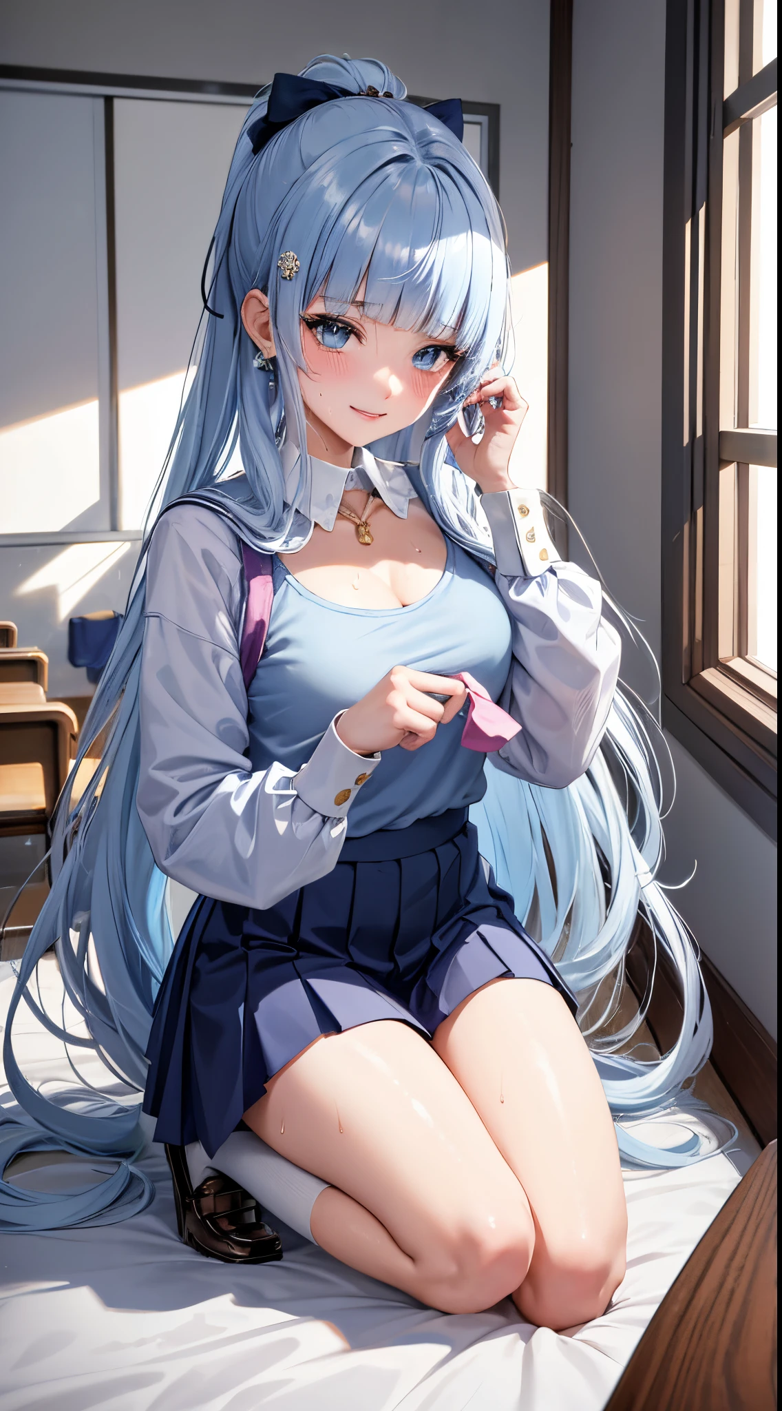 Character Details:, - Gender: 1 Girl.
- Style: Anime, - Body Type: Attractive body, slim body, nice legs, slim tights, nice arms, nice shoulders. - Breast: (Small Breast:1.1), (Cleavage), (Nipple).
- Facial Feature: Beautiful, Gorgeous, r, Fresh, Young.
- Expression: Shy, Smile, Horny, Pink Blush on Face, Sexy Eyes, Sexy Look, (Sweating:1.4), Innocent Look, Tipsy. - Hairstyle: Blunt Bangs, Long Hair. - Hair Color: (Light Blue Hair:1.5).
- Clothing: (School Uniform:1.6). - Body Pose: (Kneeling:1.3). - Behaviour: Waiting, Want Something, Secretly.
- Accessories: Earrings., Environmental Details:, - Setting: Bed Room., - Lighting: Natural Light., - Decoration: Modern Bed, Chair, Window, White Curtain, City View. Top view. pov, anime style, UHD, retina, masterpiece, accurate, anatomically correct, texture