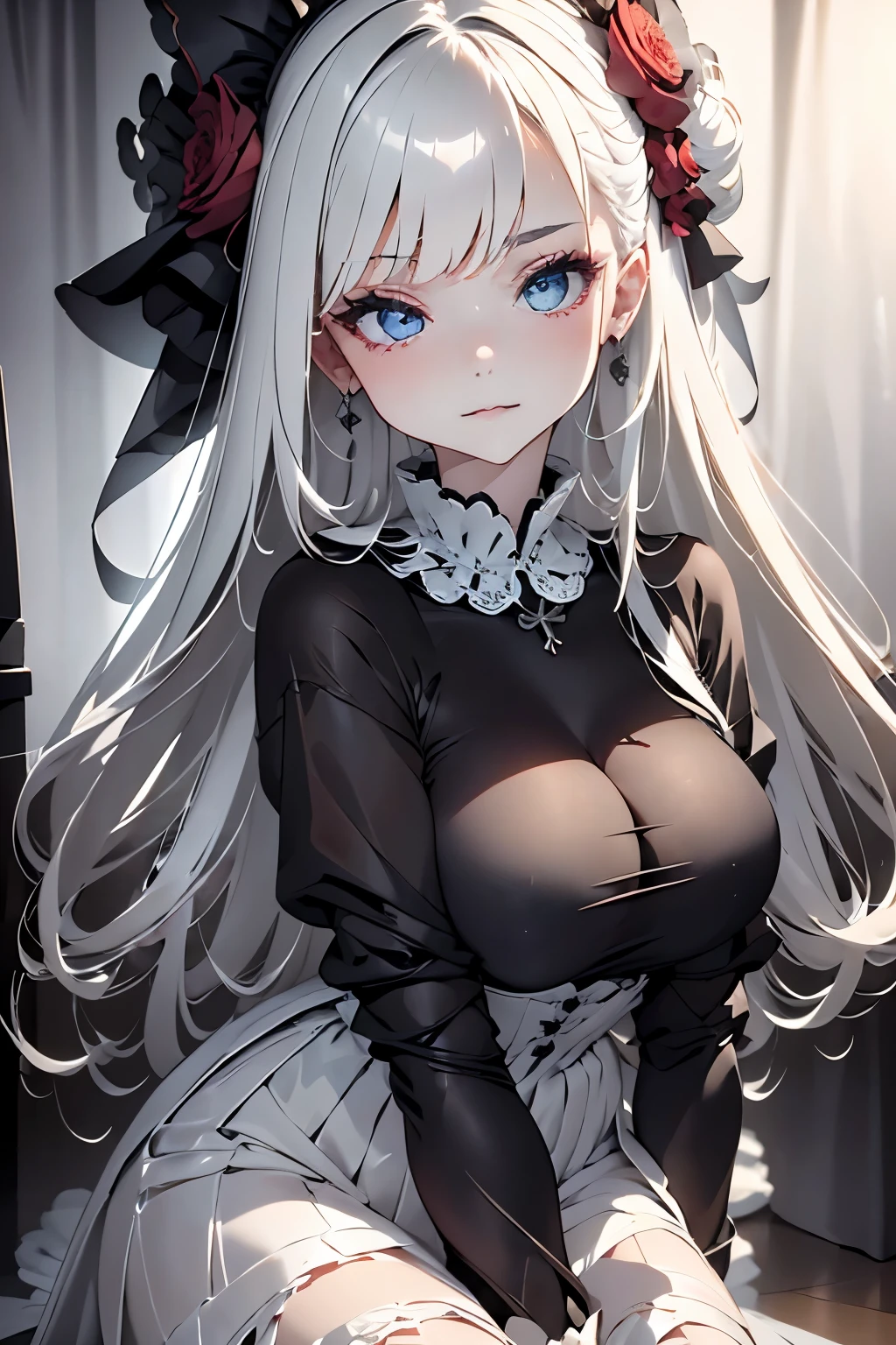 parfect anatomy、top-quality、masuter piece、ultra-detailliert、8k、years、Correct depiction of the human body、Full Body Angle、Delicately drawn face、Detailed eyes,Beautiful eyes、Infinitely clear eyes、Pretty face woman、Gothic Lolita Fashion、Black Gothic Lolita Fashion、Black and white costume、Beautiful silky silver hair:1.5、Red big hair ornament、Red ribbon hair ornament、Red big hair ornament:1.5、Standing、Front Angle、Full Body Angle、(((blurry backround:1.5、Photography Studio、greybackground:1.5、greybackground、Film Lighting、Professional Photographer)))