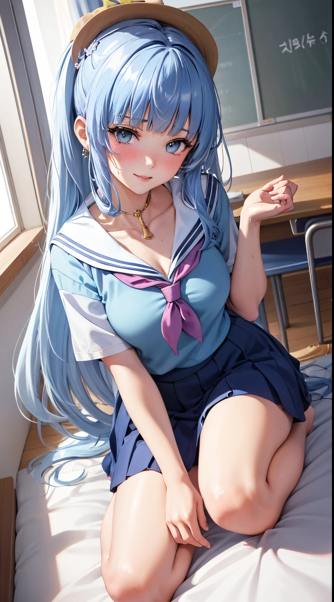 Character Details:, - Gender: 1 Girl.
- Style: Anime, - Body Type: Attractive body, slim body, nice legs, slim tights, nice arms, nice shoulders. - Breast: (Small Breast:1.1).
- Facial Feature: Beautiful, Gorgeous, Teenager, Fresh, Young.
- Expression: Shy, Smile, Horny, Pink Blush on Face, Sexy Eyes, Sexy Look, (Sweating:1.4), Innocent Look, Tipsy. - Hairstyle: Blunt Bangs, Long Hair. - Hair Color: (Light Blue Hair:1.5).
- Clothing: (School Uniform:1.6). - Body Pose: (Kneeling:1.3). - Behaviour: Waiting, Want Something, Secretly.
- Accessories: Earrings., Environmental Details:, - Setting: Bed Room., - Lighting: Natural Light., - Decoration: Modern Bed, Chair, Window, White Curtain, City View. Top view. pov, anime style, UHD, retina, masterpiece, accurate, anatomically correct, texture