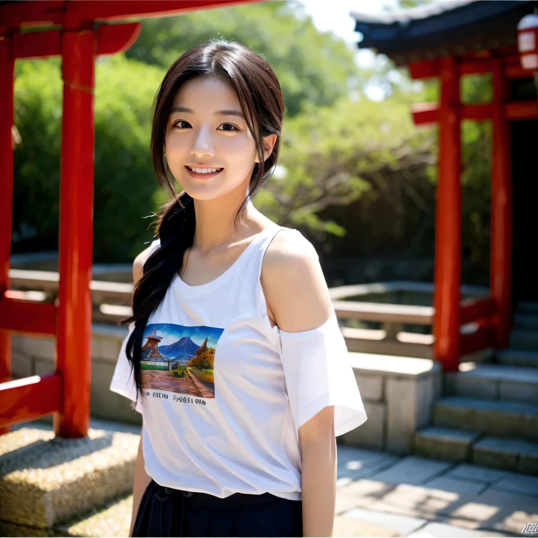 One beauty、((best qualtiy、8k masterpieces:1.3))、foco nítido:1.2、(ultra beautiful faces:1.0)、(shinny skin:1.0)、photos realistic、A dark-haired、Video Lighting、High-definition eyes and face、Video Lighting、Japanese actressl、from the front side、medium breasts、Smile、Slender Abs Beauty、Whole body、Kanji for Japan「tenderness」Wearing a T-shirt、At the shrine