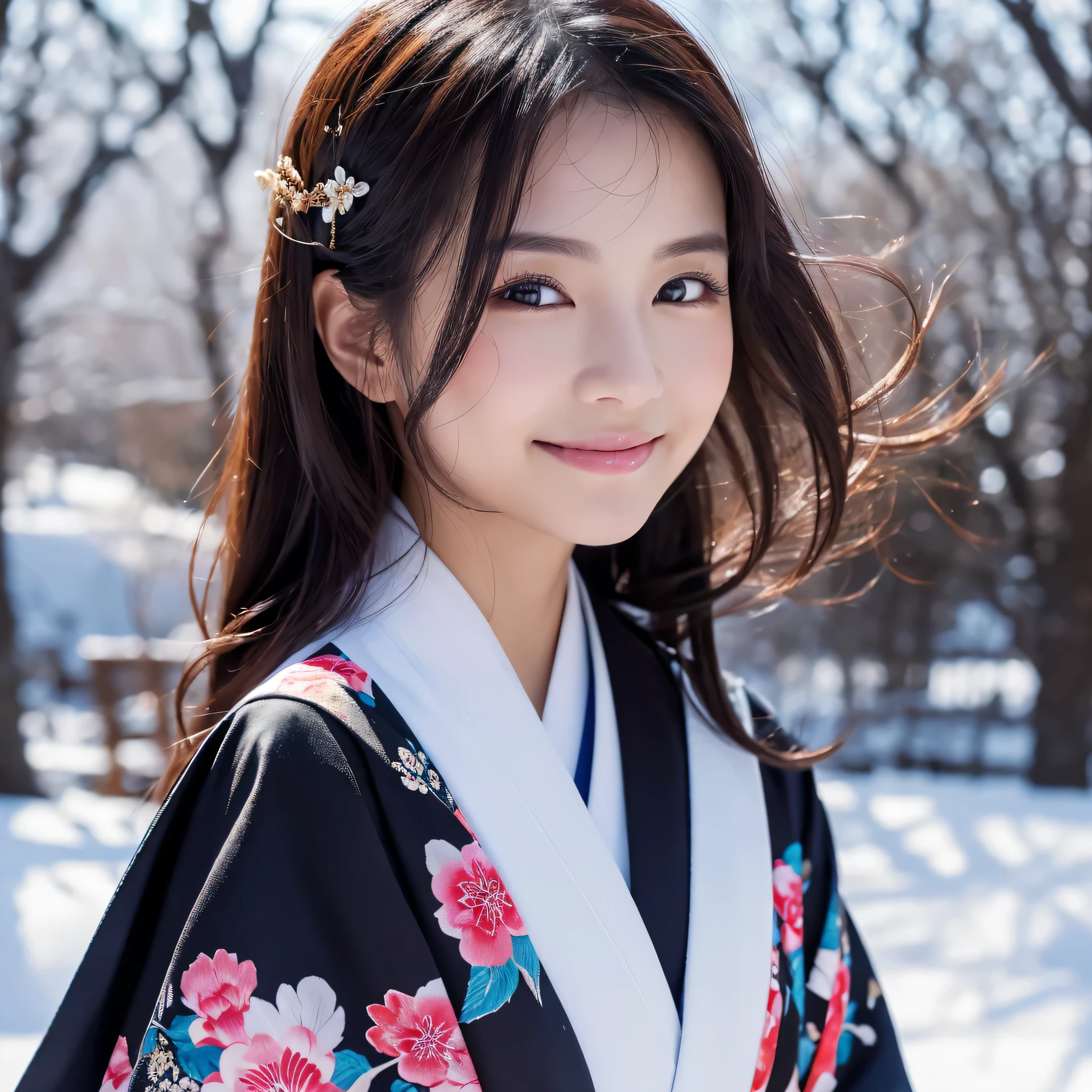 (Super beautiful woman in kimono)、((best qualtiy、8k masterpieces:1.3))、foco nítido:1.2、(ultra beautiful faces:1.0)、(shinny skin:1.0)、photos realistic、A dark-haired、Video Lighting、High-definition eyes and face、Video Lighting、Japanese actressl、from the front side、medium breasts、With a happy smile、Slender Abs Beauty、Whole body、wearing kimonos、In a snowy landscape in the middle of winter、highest grade obi