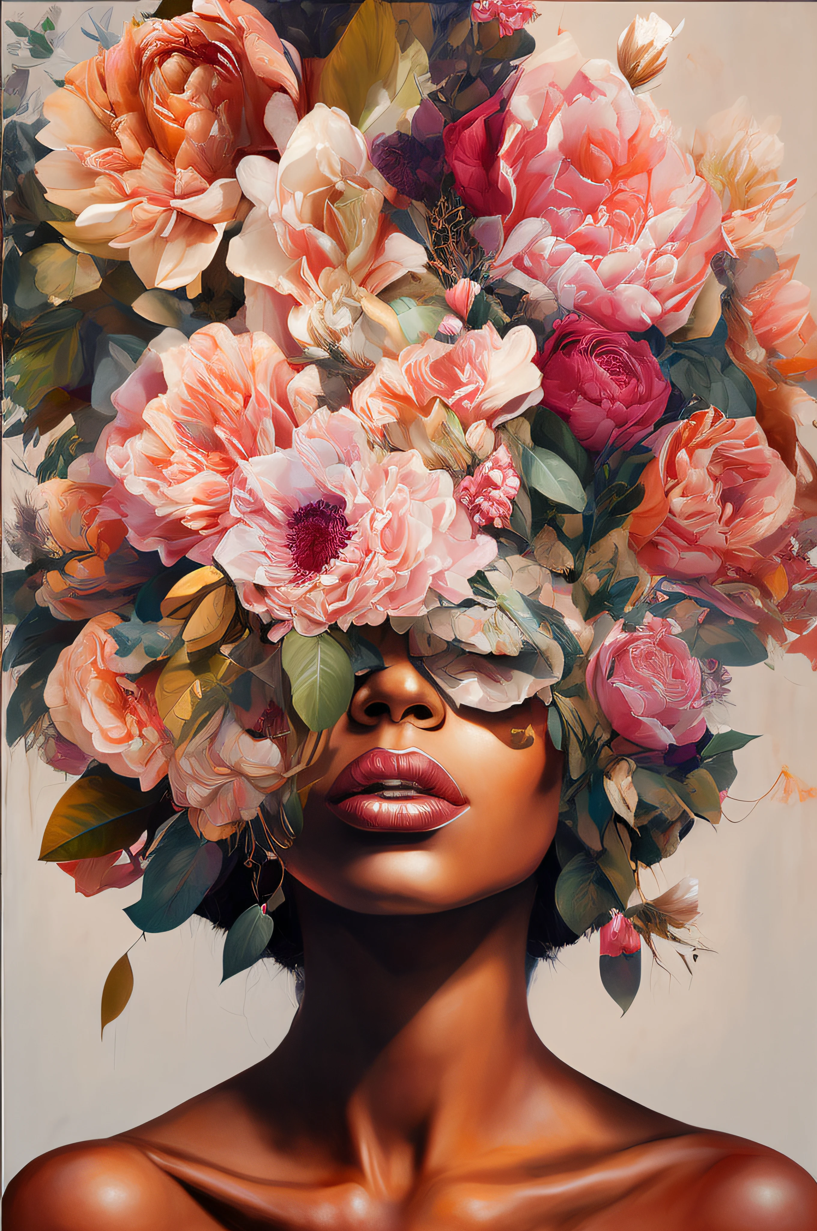 painting of a woman with flowers on her head, woman in flowers, painting by android jones, flower queen, afro made of flowers, queen of flowers, flower goddess, roses in her hair, inspired by Sandra Chevrier, wrapped in flowers, girl with a flower head, made of flowers, turban of flowers, female portrait with flowers, full of flowers