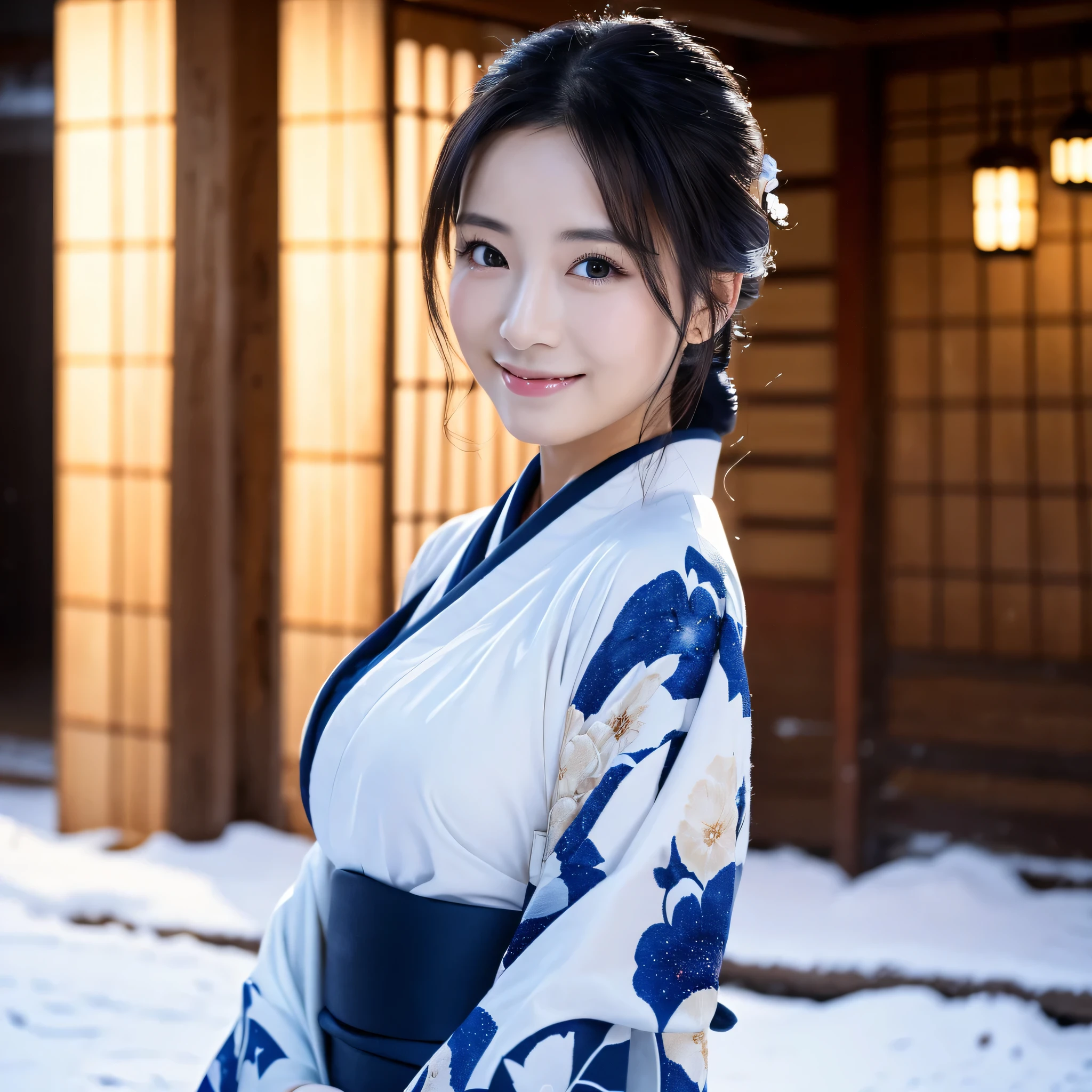 (Super beautiful woman in kimono)、((best qualtiy、8k masterpieces:1.3))、foco nítido:1.2、(ultra beautiful faces:1.0)、(shinny skin:1.0)、photos realistic、A dark-haired、Video Lighting、High-definition eyes and face、Video Lighting、Japanese actressl、from the front side、medium breasts、With a happy smile、Slender Abs Beauty、Whole body、wearing kimonos、In a snowy landscape in the middle of winter、highest grade obi