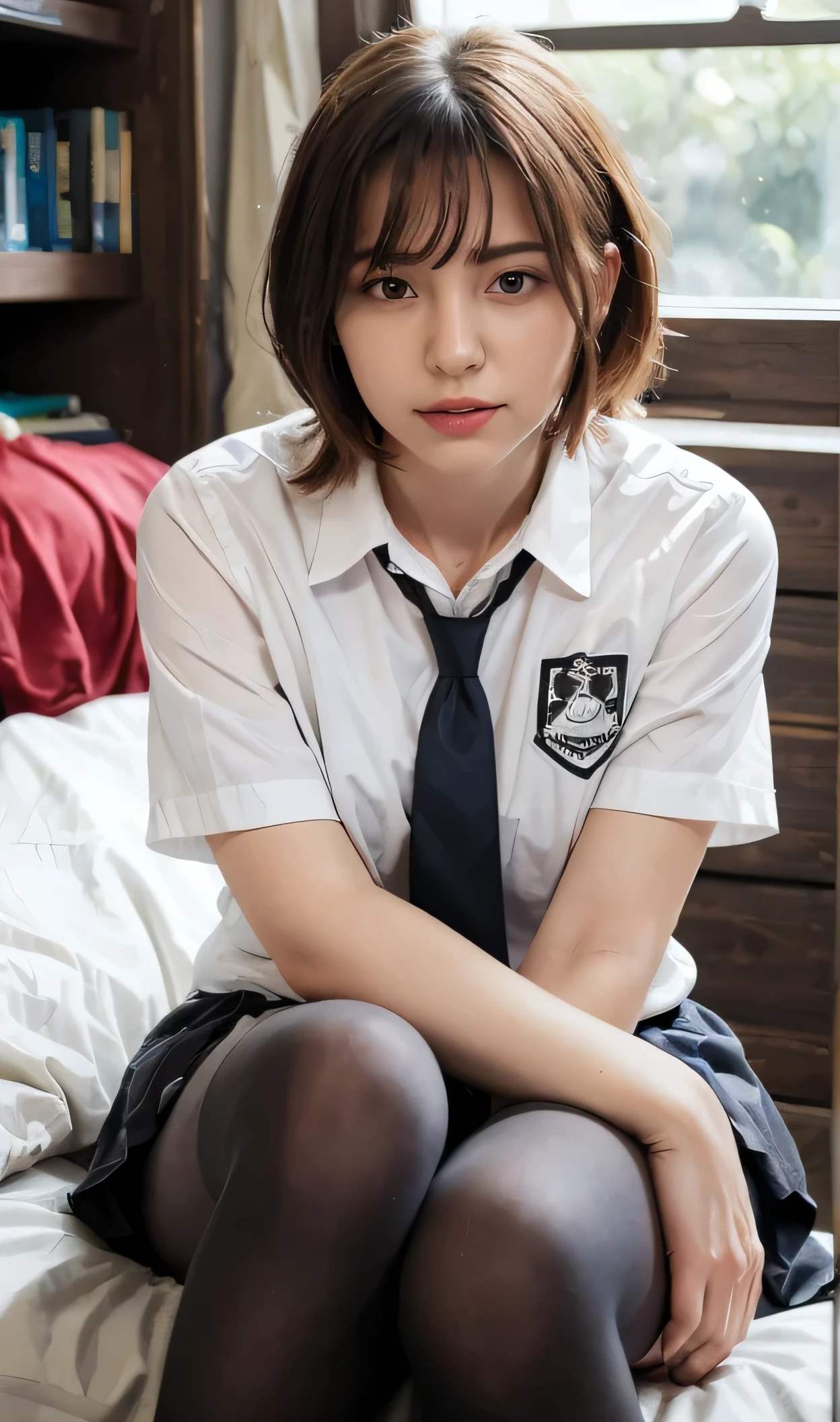 A woman wearing a white shirt sits on the bed.