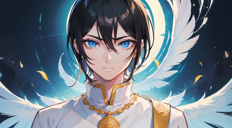 (((Guy))), (((man))), (((Man's))),(((masutepiece))), (((Beautiful lightinuscular))),(((man))),(((40 years),(((Blue eyes))),(((Black hair))), Male face,male eyebrows, Male Eyes, Eyelashes, Medium Hair,Beautiful face, v shaped_eyebrow,White skin,Transparent wings,Chinese_Clothelack clothes,)))garters_lanyard, See-through,The light of the Buddha shines, holy,