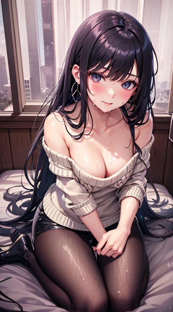 Character Details:, - Gender: 1 Girl.
- Style: Anime, - Body Type: Attractive body, slim body, nice legs, slim tights, nice arms, nice shoulders. - Breast: (Small Breast:1.1), (Cleavage), (Nipple).
- Facial Feature: Beautiful, Gorgeous, ager, Fresh, Young.
- Expression: Shy, Smile, Pink Blush on Face, Sleepy, Sexy Eyes, Sexy Look, (Sweating:1.3), (wet tight:1.3), Innocent Look, Tipsy. - Hairstyle: Blunt Bangs, Long Hair. (Messy long Hair:1.3),
- Clothing: (Sweater:1.6), (Off-Shoulder:1.3),. - Body Pose: (Seiza:1.1),. - Behaviour: Waiting, Want Something, Secretly.
- Accessories: Earrings., Environmental Details:, - Setting: Bed Room., - Lighting: Natural Light, - Decoration: Modern Bed, Chair, Window, White Curtain, City View. Top view. pov, anime style, UHD, retina, masterpiece, accurate, anatomically correct, texture