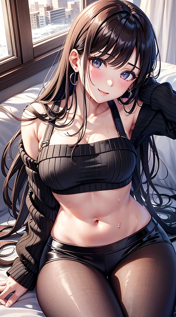 Character Details:, - Gender: 1 Girl.
- Style: Anime, - Body Type: Attractive body, slim body, nice legs, slim tights, nice arms, nice shoulders. - Breast: (Small Breast:1.1), (Cleavage), (Nipple).
- Facial Feature: Beautiful, Gorgeous, ager, Fresh, Young.
- Expression: Shy, Smile, Pink Blush on Face, Sleepy, Sexy Eyes, Sexy Look, (Sweating:1.3), (wet tight:1.3), Innocent Look, Tipsy. - Hairstyle: Blunt Bangs, Long Hair. (Messy long Hair:1.3),
- Clothing: (Sweater:1.6), (Off-Shoulder:1.3),. - Body Pose: (Seiza:1.1),. - Behaviour: Waiting, Want Something, Secretly.
- Accessories: Earrings., Environmental Details:, - Setting: Bed Room., - Lighting: Natural Light, - Decoration: Modern Bed, Chair, Window, White Curtain, City View. Top view. pov, anime style, UHD, retina, masterpiece, accurate, anatomically correct, texture