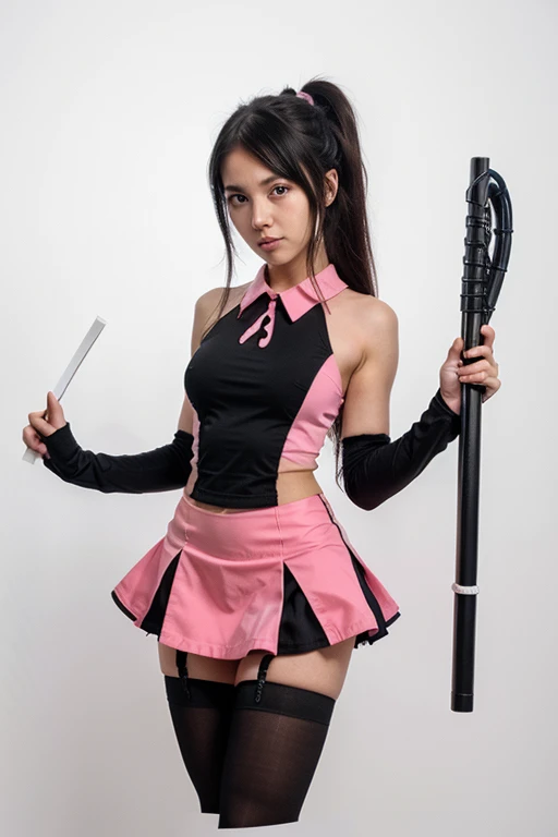 Anime style, 1girl, twintail, anatomically correct, magical girl holding a staff, black hair, skirt, stockings, vibrant pink black and white, on fabric white silhouette of snake on black.