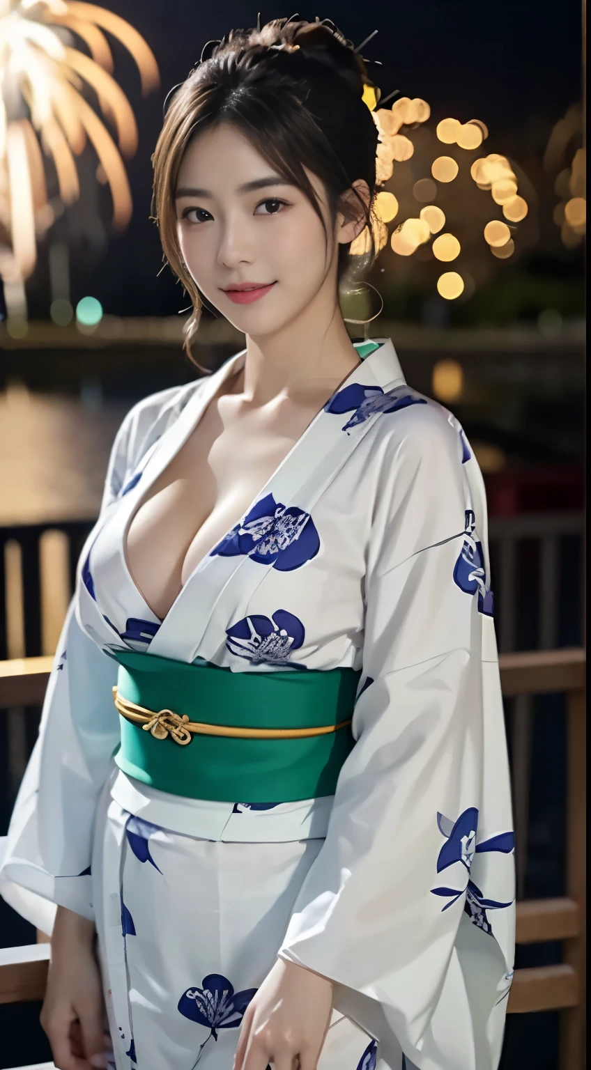 (8K、Unripegraphy、top-quality、masterpiece:1.45)、(realisitic、Photorealsitic:1.35)、(((Fireworks Venue、natta)))、one girls、cute little、Seductive smile:1.2、(((Yukata、Kimono、wearing fusion Kimono and Yukata)))、profetional lighting、Richly detailed facial features)、二重まぶた、Colossal tits、Valley、(cleavage on the chest:1.3)、a closed mouth、no-bra、hyperdetailed face、ultra-detailed hair、perfect bodies、Perfect fingers、a 20 yo woman、cute little、goddess of Japan、A sexy、gravure、Unripe
