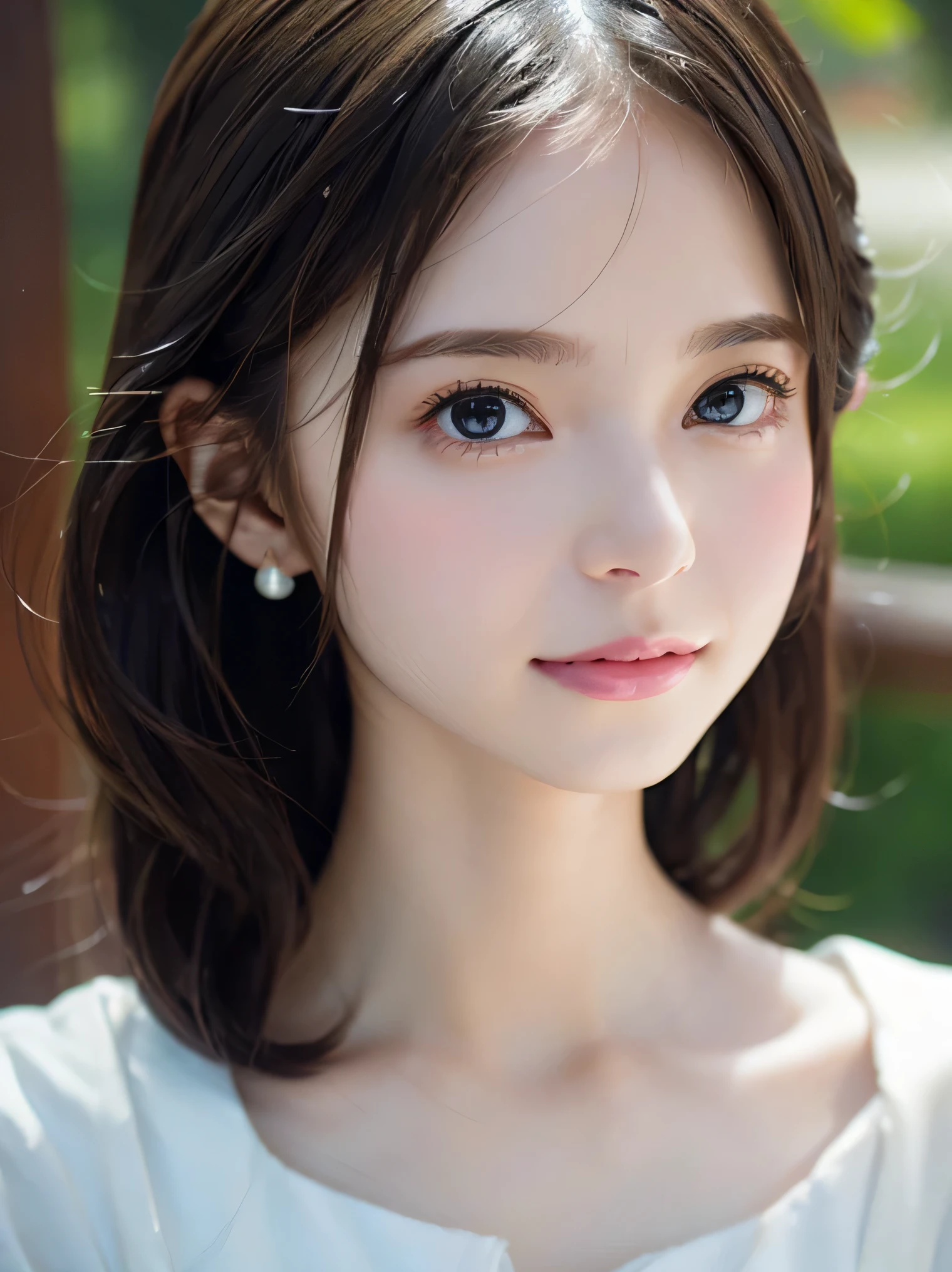 (from the chest up:1.6)、A smile、Close-up portrait of a woman wearing white dress and earrings, soft portrait shot 8 k, lovely delicate face, high-quality 4k portrait, high quality portrait, soft flawless pale skin, 8K highly detailed face, Beautiful delicate face, beautiful light big eyes, beautiful and realistic faces, beautiful young woman with, beautiful and realistic faces, cute young woman