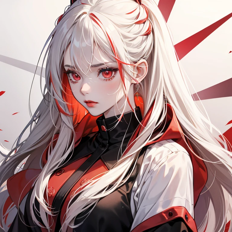 An anime girl with long white hair and black and red highlights in her hair,red eyes,rosy cheeks,red lips. She is serious with a frown,she has pale skin.