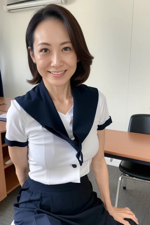 masutepiece, Best Quality, Photorealsitic, 4K, 日本人A MILF, (Solo), (((50 years old))), (Wrinkles at the corners of the eyes:1.5), (nasolabial folds:1.5), ((Large breasts)), (Saggy udder), A MILF, glamor, A sexy, Chromo-white skin, Wavy long black hair, Looking at Viewer, (((my skin is old))), ((muscles are old)), Super large udder, {white and navy sailor, uniform, neckerchief, Dark blue pleated skirt,a miniskirt}, lowfers, ssmile,Classroom, (sitting at the desk), (((opening legs))),