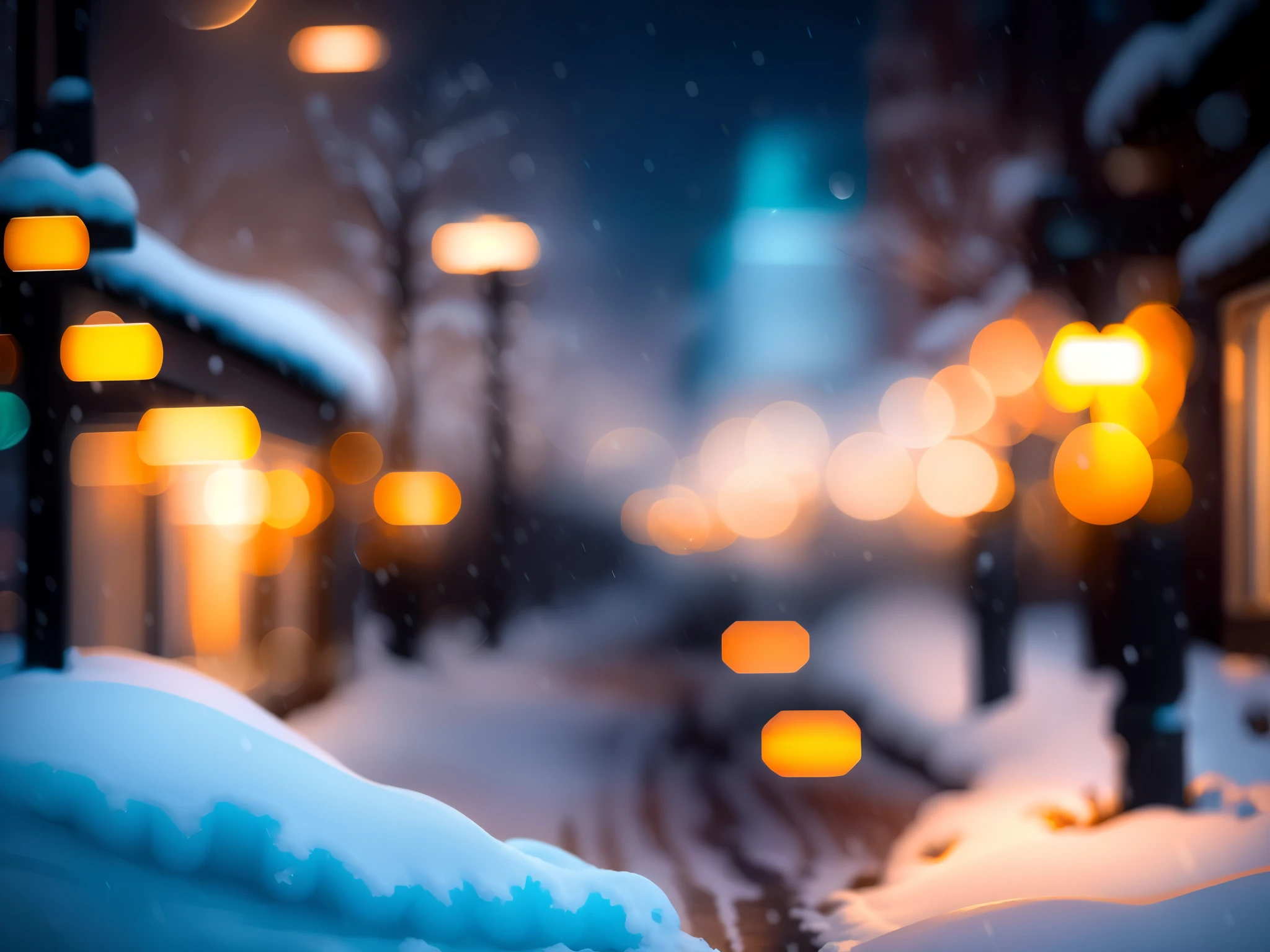 Snowy night scene, bokeh top cinematic lighting, bokeh glow, bokeh photo, bokeh photography, bokeh in the background only, city lights bokeh, bokeh details, bokeh effect, heavy bokeh and blur, bokeh light, bokeh lights, bokeh ), bokeh, Perfect lighting in a snowstorm