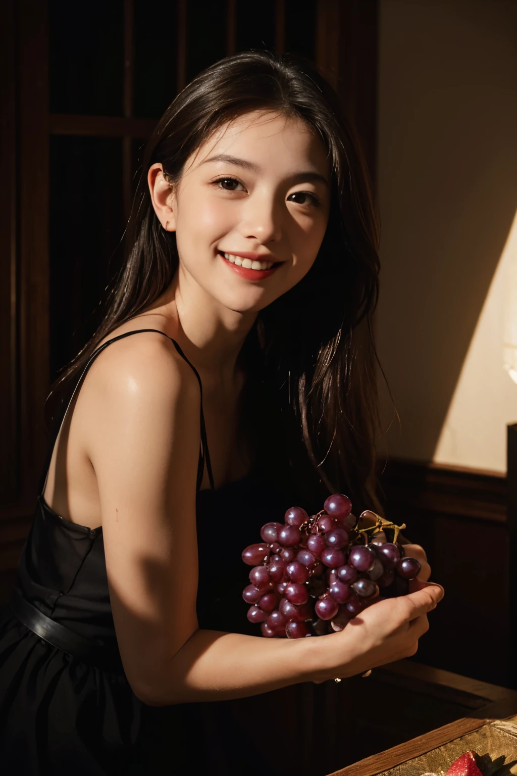fruits,Grapes,Rosa,antique,A smile,,Sweet and seductive appearance.、Caravaggio's paintings、Chiaroscuro of Caravaggio,,Cute smile, Expression of ecstasy,erotick