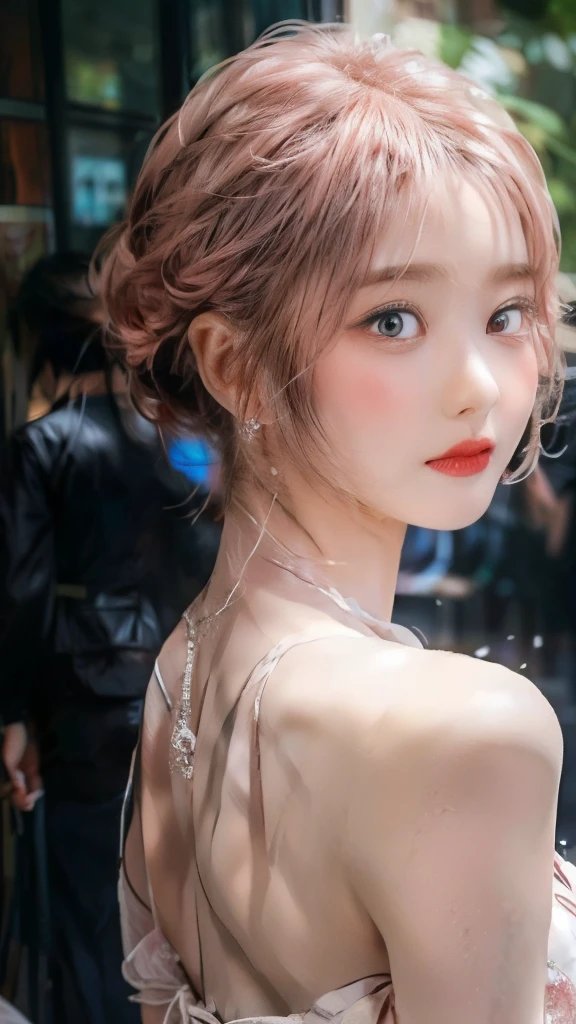 (perspiring:0.7),light pink wedding dress,Short white dress,maam,,Delicate face, pretty face,of shoulders,Shoulders slightly exposed,Translucent skin,黑The eye,Pink hair,(realisticlying:1.4),Realistic details, A high resolution,bokeh,Excellent details