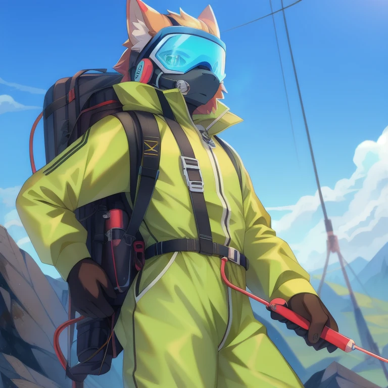 Hasmat, tinted visor, holding  rod, cable linked from rod to backpack, battery backpack, Hazmat, chemical suit
