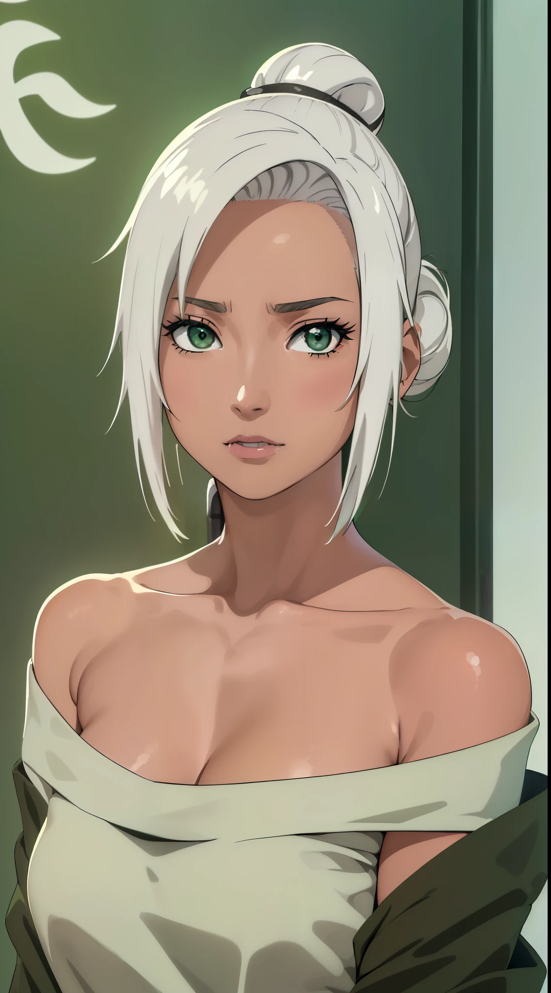 Mabui, Mabui, short detailed hair, (green-eyed:1.5), White hair, Dark skin, hair-bun, Dark-skinned women,Resting in off-shoulder outfit (tmasterpiece:1.2), Best quality at best, A high resolution, Unity8k wallpapers, (illustratio:0.8), (美丽细致的眼睛:1.6),