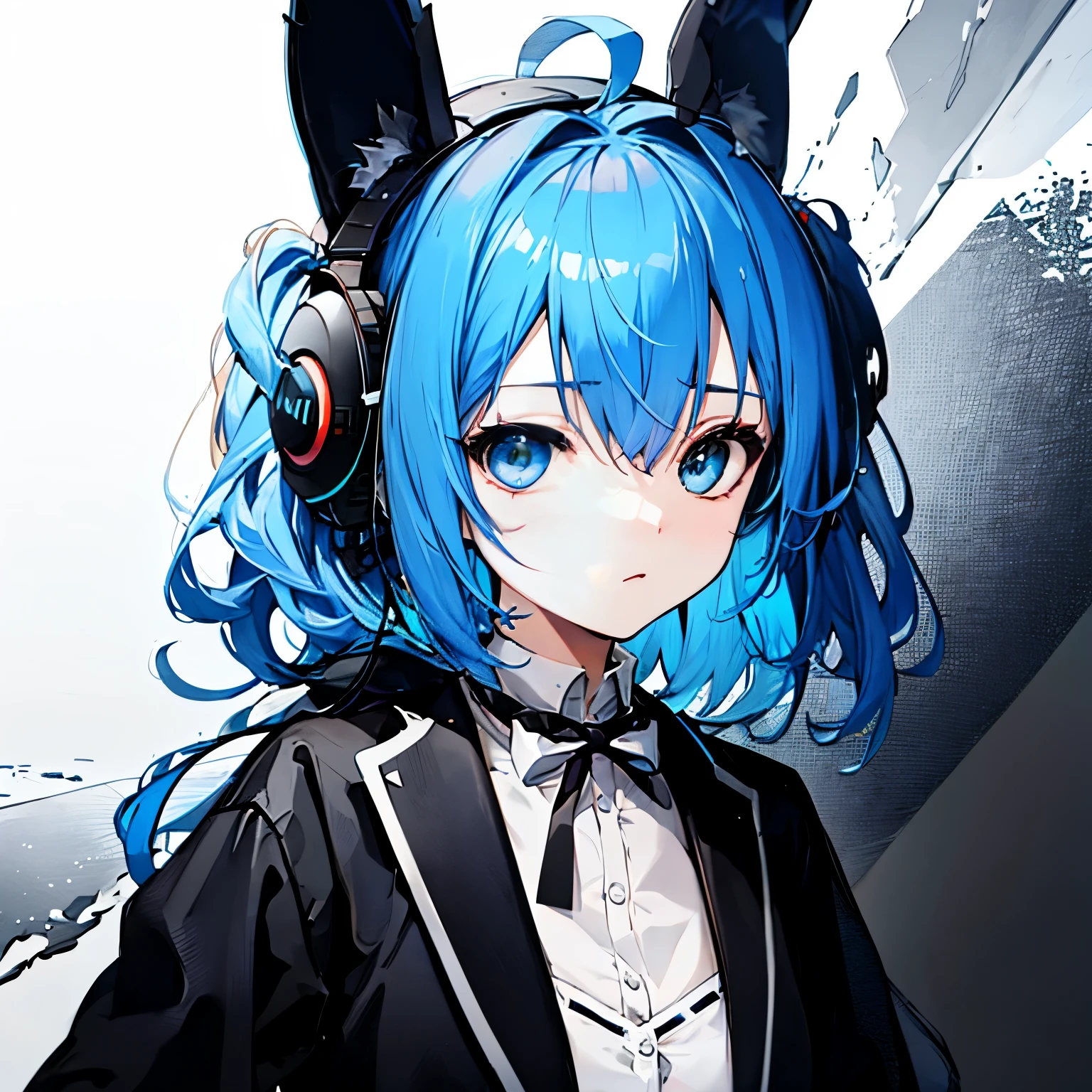 【Highest Quality, masutepiece】 [1 girl in,expressioness, (blue hair:1.5),Blue eyes,headphone,mechanical rabbit ears, ] (Gray white background:1.3),