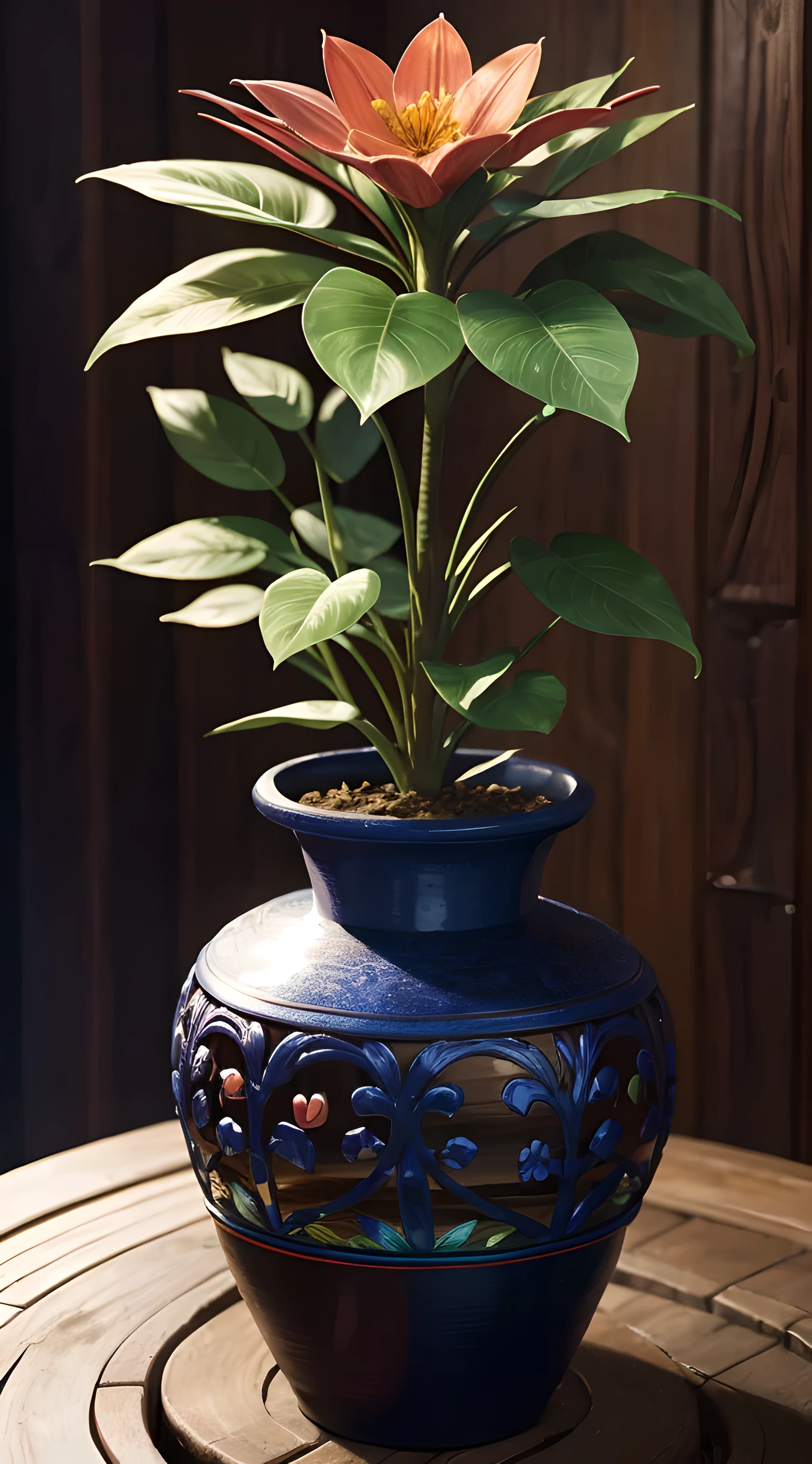 Unparalleled masterpiece, 16k, ultra detailed, design of a captivating potted (magical glowing) plant. | The medium-sized plant has lush green leaves and a terracotta pot. | ((The elegant pot is adorned with intricate gothic patterns)). | The plant has flowers emanating a soft glow | (Each flower features multiple layers of vibrant petals, displaying a different color like a rainbow). | Position the plant in the center of the pot, on a simple background, and capture it from a slightly elevated angle to showcase the breathtaking display of nature's magical palette, More Detail