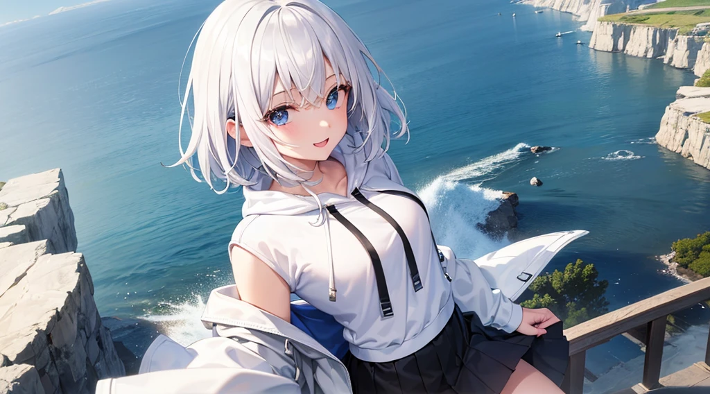 Ultra-high image quality,Look at viewers, hands behind back, girl with, 20 years old, Very short hair, long bangs between eyes, blue eyess,Black eyes, Hoodie, Skirt , Extremely detailed,(masterpiece、top-quality),White hair、A smile、Fantastical, Silver hair,, Hoodie, White hoodie,a black skirt,Hair is short,White jacket, Casual style,Open jacket, Cowboy Shot、Fluttering hair、a small face、Bright smile、(Detailed face) ,profetional lighting,fantastic landscape,Blue sky, Sunlight,look down from above,portraitures、open open mouth、facing front、5 fingers、Lake at night