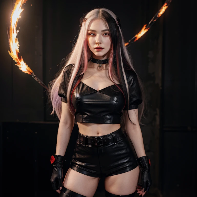 An anime girl with long white hair and black and red highlights in her hair,red eyes,rosy cheeks,red lips. She is serious with a frown,she has pale skin. Her dress is a fancy formal crop top with jewelry on it,and black flame raising from it.and a purple short with a black belt. She is wearing a black boot,and black leather short gloves. There is an electricity hallow around her,as if she is controlling it.