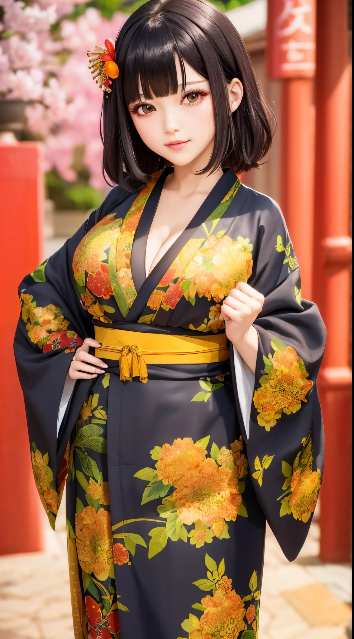 ((Best Quality)), ((masutepiece)), (Detailed), (highlight), Perfect face、Young girl with detailed face showing cleavage、Long, thick, glossy, beautiful black hair with blunt bangs、Single-color background、is standing、wear a kimono with a gorgeous pattern、
