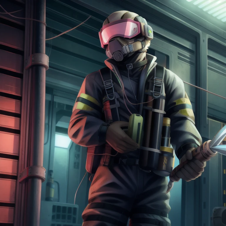 Hazmat, tinted visor, holding harpoon, cable linked from rod to backpack, battery backpack, Hazmat, chemical suit