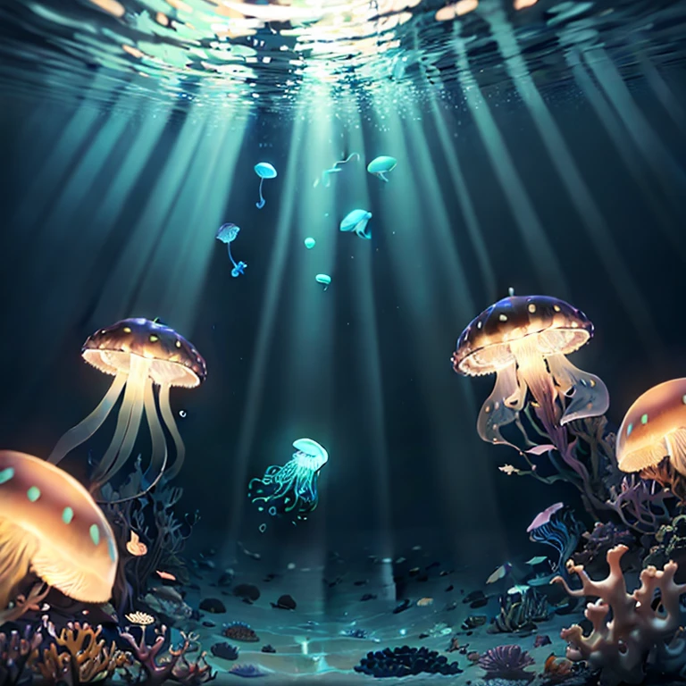spot light,1 jellyfish, bottom of sea