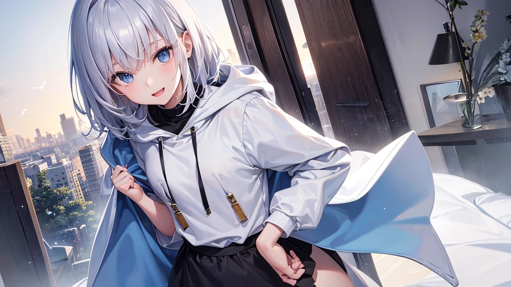 Ultra-high image quality,Look at viewers, hands behind back, girl with, 20 years old, Very short hair, long bangs between eyes, blue eyess,Black eyes, Hoodie, Skirt , Extremely detailed,(masterpiece、top-quality),White hair、A smile、Fantastical, Silver hair,, Hoodie, White hoodie,a black skirt,Hair is short,White jacket, Casual style,Open jacket, Cowboy Shot、Fluttering hair、a small face、Bright smile、(Detailed face) ,profetional lighting,fantastic landscape, Sunlight,look down from above,portraitures、open open mouth、facing front、5 fingers、inside in room、sleeps in a bed、
