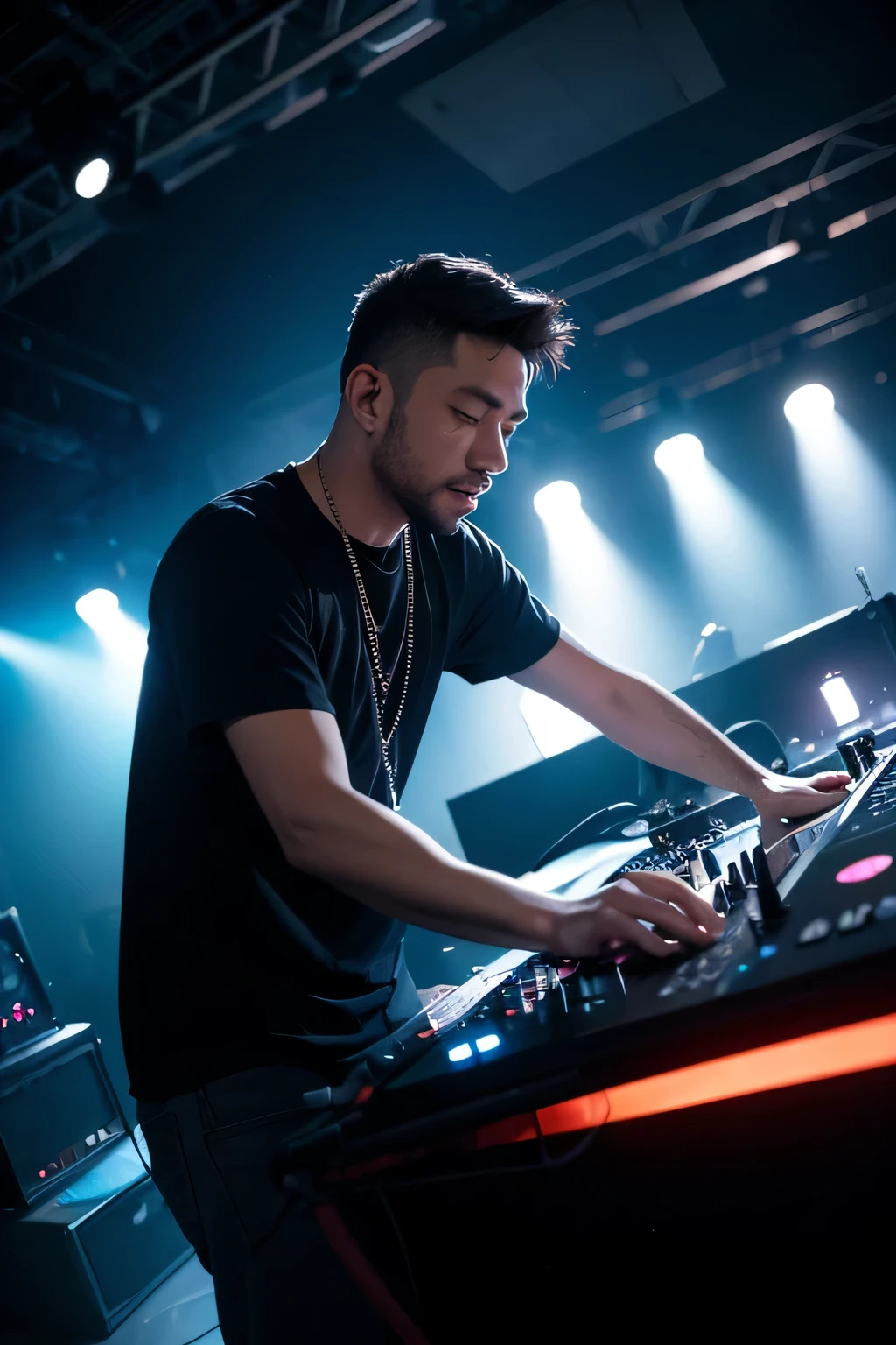 Progressive trance instrumental played on stage by man playing DJ