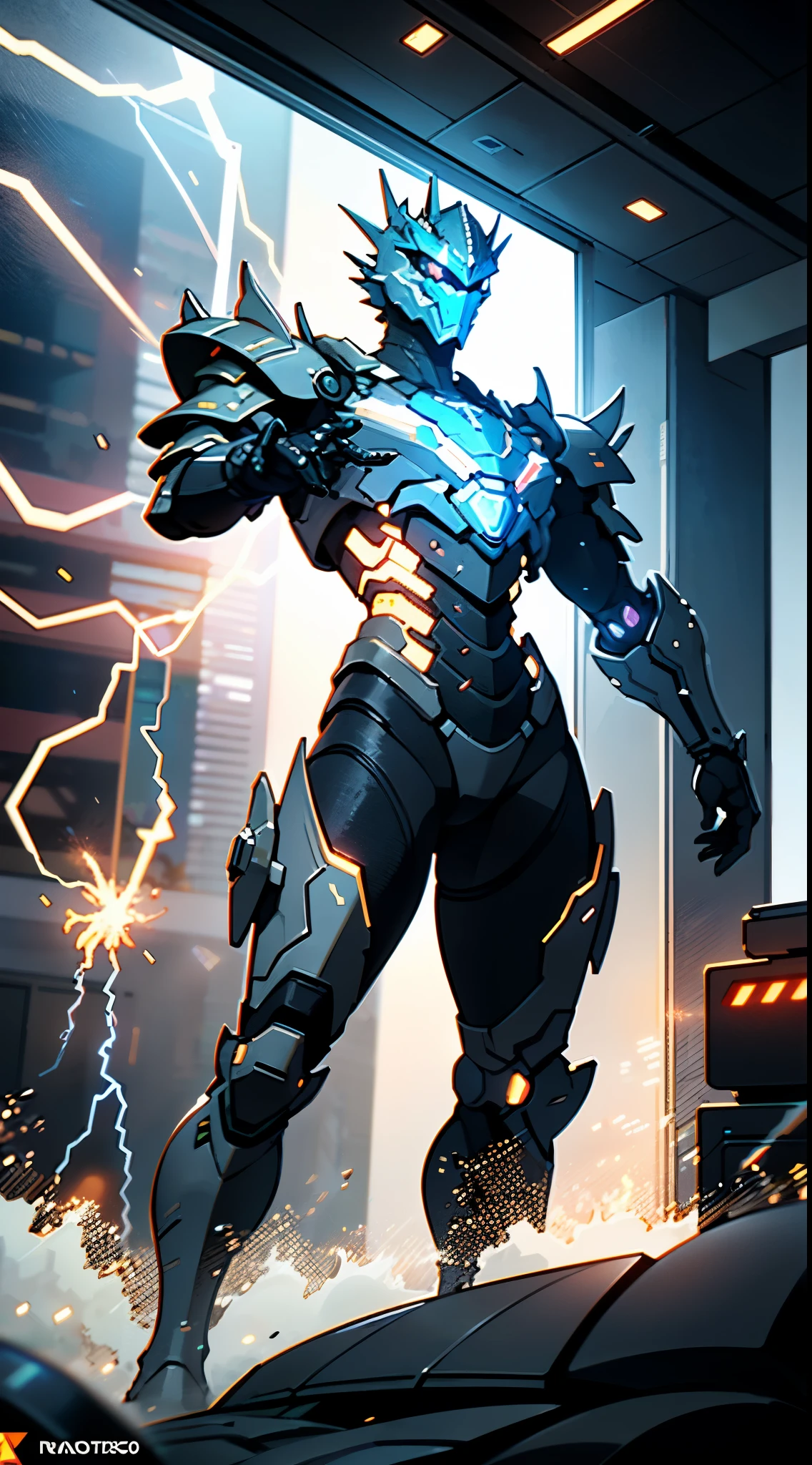 A high-tech combat armor suit inspired by Godzilla concept, Godzilla concept biotech battle armor, High-tech armored suits, psychedelic details, BiophyllTech, add electric power around, A bio-sensitive high-tech battle armor suit infused with Godzilla characteristics, The angular design on the body is illuminated and the display is charging, energy waves, Energy particles, octane render, unreal engine 5, high definition, best quality, highres, ultra-detailed, fantasy, Ultra-complex design, ultra-fine painting, extremely delicate, professional, perfect images quality, realistic, sure real, creativity, RAW photo, UHD, 32k, Natural light, cinematic lighting, best shadow, anatomically correct, masterpiece-anatomy-perfect, masterpiece:1.5