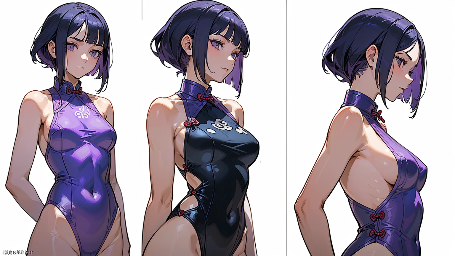 ((Best Quality)), ((Masterpiece)), ((Realistic)) 19 year old, redhead girl, shoulder length hair, relaxed happy face ((slender)) (busty), ((( cheongsam light purple one piece swimsuit ))) ((sexy )) textured pixie haircut (((detailed character sheet, frontal view, side view, three quarter view))) (((white background))) 6 and a half heads full body