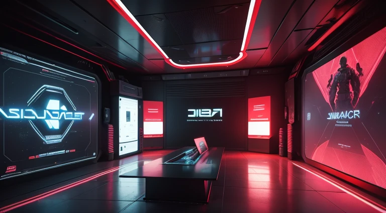 interior de uma sala com servidores, ambiente de trabalho hacker futurista, sem conforto, (holographic screens with codes) . The space is futuristic and filled with big digital screens and technological tools. Cyberpunk. Red and white lighting. Newsroom.