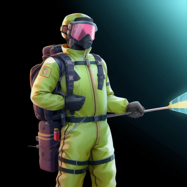 Hazmat, tinted visor, holding  harpoon, cable linked from rod to backpack, battery backpack, Hazmat, chemical suit, electric harpoon