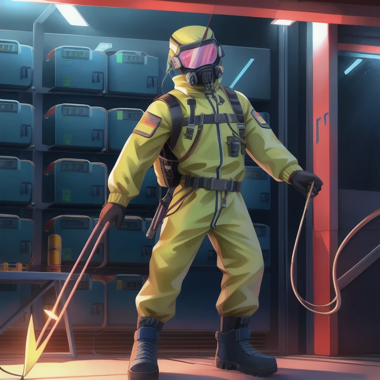 Hazmat, tinted visor, holding  harpoon, cable linked from rod to backpack, battery backpack, Hazmat, chemical suit, electric harpoon