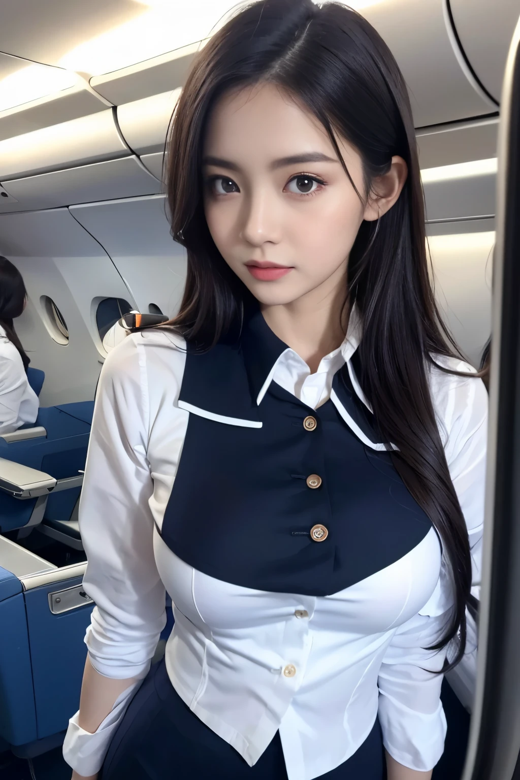 top-quality, ​masterpiece, 8K, 超A high resolution, (Photorealsitic:1.4), 1girl in、Beautiful expression、symmetrical eye、Colossal tits、Perfect body proportion、Stewardess uniform、Unbutton the chest、Look at viewers、(Inside the plane:1.2)、long legged(1.3)、