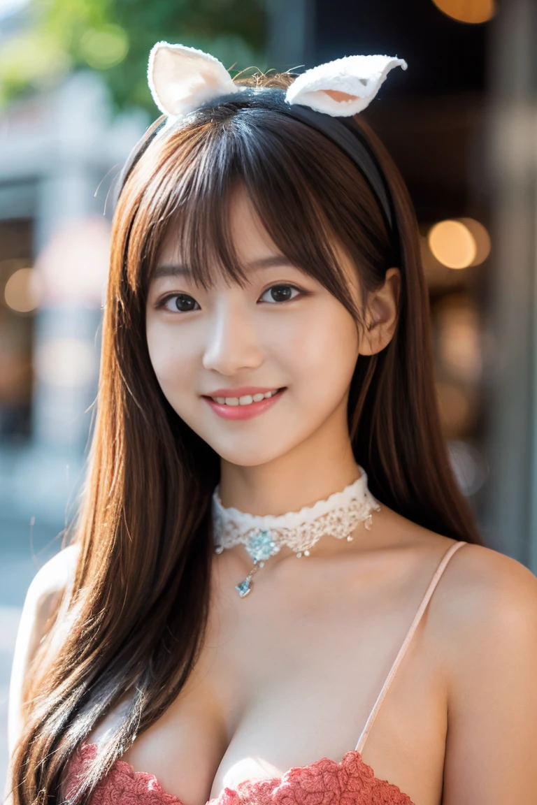 (A hyper-realistic, hight resolution, ighly detailed:1.2), (8K), (Beatiful detailed eyes, A detailed face:1.2), (top-quality), (ultra-detailliert), (( masutepiece)), A beautiful girl is standing in front of a store wearing a Dark red high-leg bunny suit, She has long black hair and wears a choker, (Beautiful cleavage:1.3), beautiful skin, smooth skin, soft lighting, cinematic light, professional lighting, full-body shot, gentle smile, bunny ear headband,
