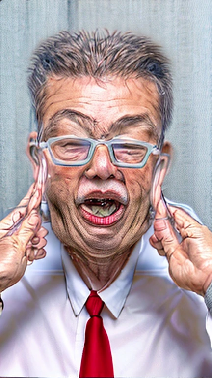 60-year-old man、White shirt、White glasses、red necktie、Both ears are being pulled by someone else、superrealism、Photo quality、top-quality