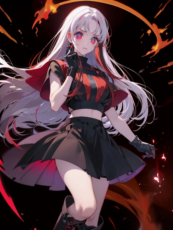 An anime girl with long white hair and black and red highlights in her hair,red eyes,rosy cheeks,red lips. She is serious with a frown,she has pale skin. Her dress is a fancy formal crop top with jewelry on it,and black flame raising from it.and a purple  short with a black belt. She is wearing a black boot,and black leather short gloves. There is an electricity hallow around her,as if she is controlling it.
