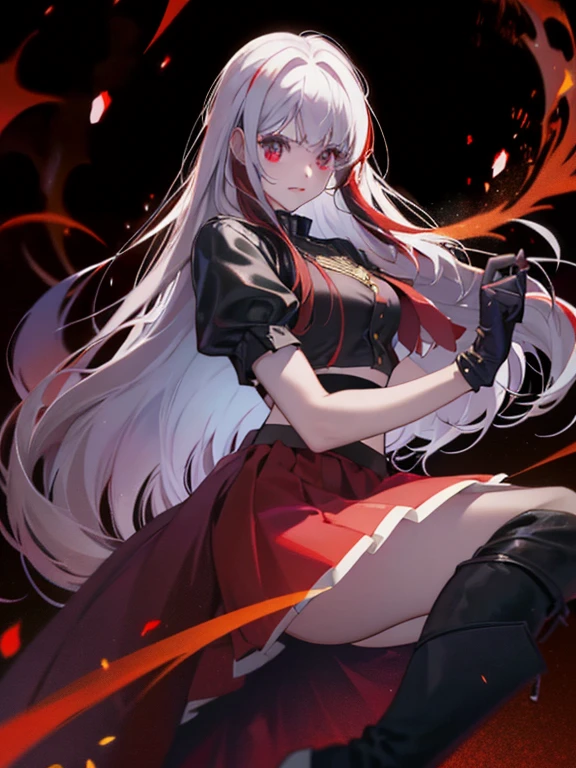 An anime girl with long white hair and black and red highlights in her hair,red eyes,rosy cheeks,red lips. She is serious with a frown,she has pale skin. Her dress is a fancy formal crop top with jewelry on it,and black flame raising from it.and a purple short with a black belt. She is wearing a black boot,and black leather short gloves. There is an electricity hallow around her,as if she is controlling it.
