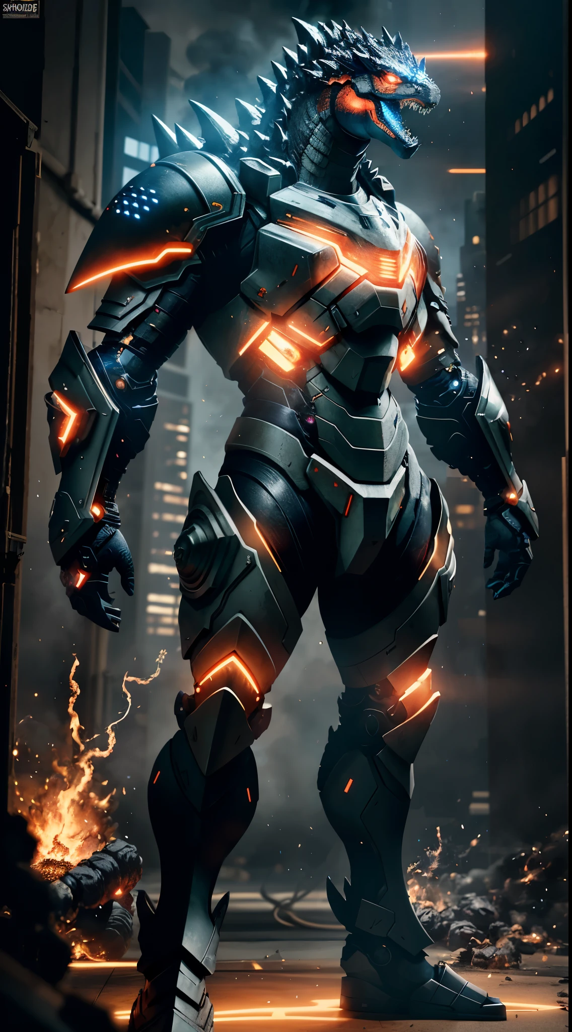 A high-tech combat armor suit inspired by Godzilla concept, Godzilla concept biotech battle armor, High-tech armored suits, psychedelic details, BiophyllTech, add electric power around, A bio-sensitive high-tech battle armor suit infused with Godzilla characteristics, The angular design on the body is illuminated and the display is charging, energy waves, Energy particles, octane render, unreal engine 5, high definition, best quality, highres, ultra-detailed, fantasy, Ultra-complex design, ultra-fine painting, extremely delicate, professional, perfect images quality, realistic, sure real, creativity, RAW photo, UHD, 32k, Natural light, cinematic lighting, best shadow, anatomically correct, masterpiece-anatomy-perfect, masterpiece:1.5