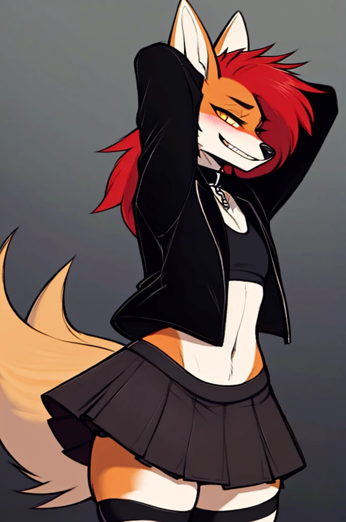 Maned wolf, furry female, yellow eyes, small breasts, thigh up, (black background), red mohawk, (black jacket), (white tank top), black belt, (dark red skirt:1.4), perfect face, perfect eyes, narrowed eyes, chin up, looking at viewer, solo, toothy grin, (hands behind back:1.3), perfect anatomy, (black collar), standing up straight, arms together, arms above head, stretching, lusty, chains