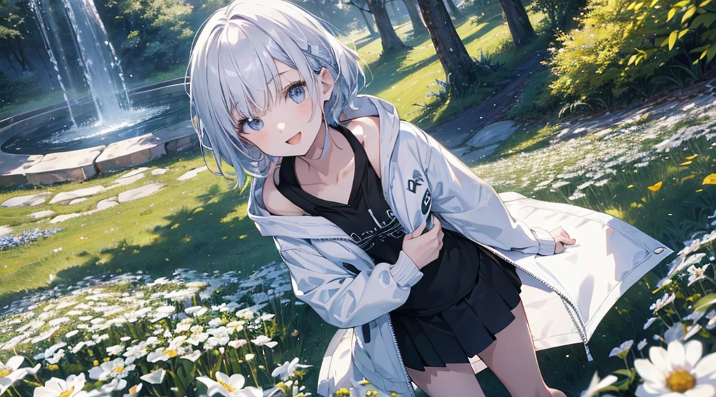 Ultra-high image quality,Look at viewers, hands behind back, girl with, 20 years old, Very short hair, long bangs between eyes, pale blue eyes, Hoodie, Skirt , Extremely detailed,(masterpiece、top-quality),White hair、A smile、Fantastical, Silver hair, Black eyes, Hoodie, White hoodie,a black skirt,Hair is short,White jacket, Casual style,Open jacket, Cowboy Shot、Fluttering hair、a small face、Bright smile、(Detailed face) ,profetional lighting,fantastic landscape,Blue sky, Sunlight,look down from above,portraitures、open open mouth、fountain in the forest、flower field
