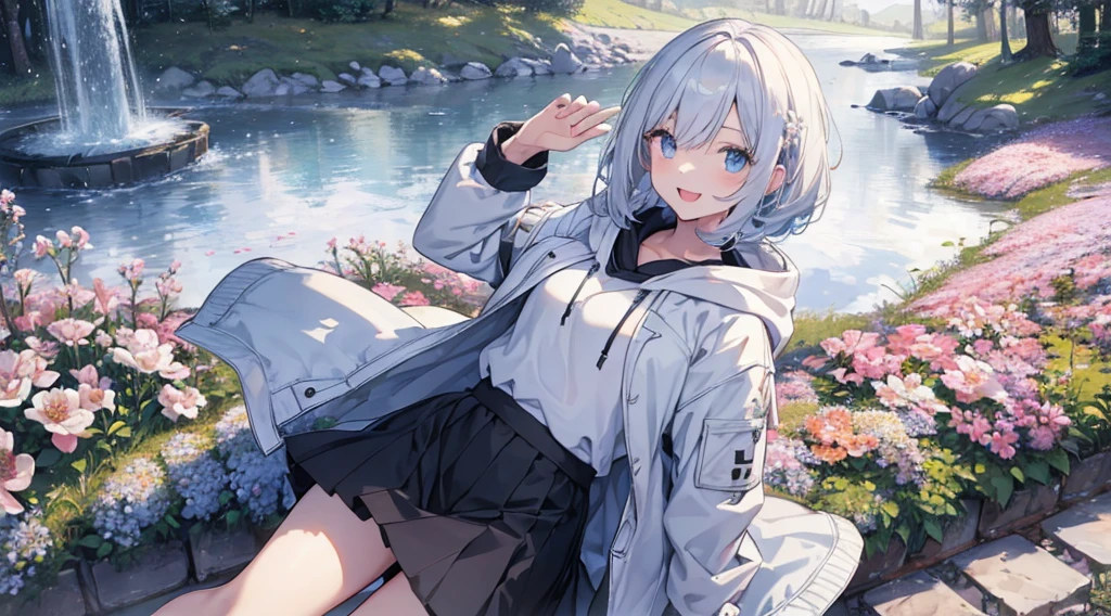 Ultra-high image quality,Look at viewers, hands behind back, girl with, 20 years old, Very short hair, long bangs between eyes, pale blue eyes, Hoodie, Skirt , Extremely detailed,(masterpiece、top-quality),White hair、A smile、Fantastical, Silver hair, Black eyes, Hoodie, White hoodie,a black skirt,Hair is short,White jacket, Casual style,Open jacket, Cowboy Shot、Fluttering hair、a small face、Bright smile、(Detailed face) ,profetional lighting,fantastic landscape,Blue sky, Sunlight,look down from above,portraitures、open open mouth、fountain in the forest、flower field