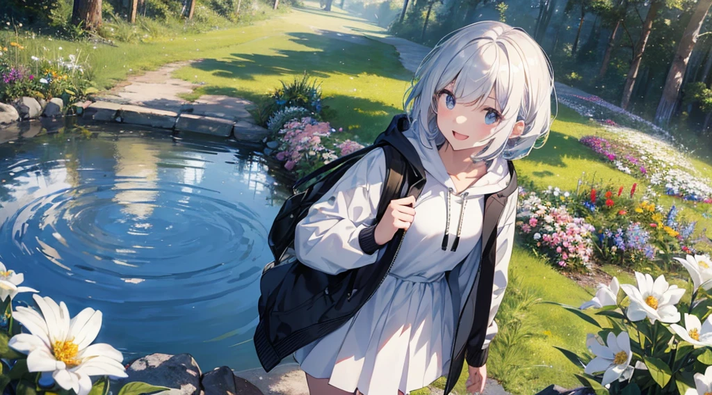 Ultra-high image quality,Look at viewers, hands behind back, girl with, 20 years old, Very short hair, long bangs between eyes, pale blue eyes, Hoodie, Skirt , Extremely detailed,(masterpiece、top-quality),White hair、A smile、Fantastical, Silver hair, Black eyes, Hoodie, White hoodie,a black skirt,Hair is short,White jacket, Casual style,Open jacket, Cowboy Shot、Fluttering hair、a small face、Bright smile、(Detailed face) ,profetional lighting,fantastic landscape,Blue sky, Sunlight,look down from above,portraitures、open open mouth、fountain in the forest、flower field